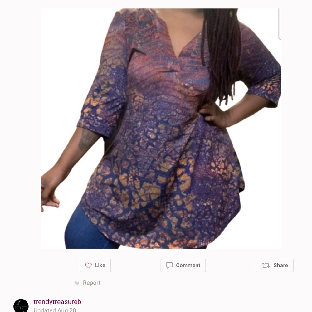 Simply Aster by Firmiana navy, red, gold print v-neck 3/4 sleeve top, 2XL